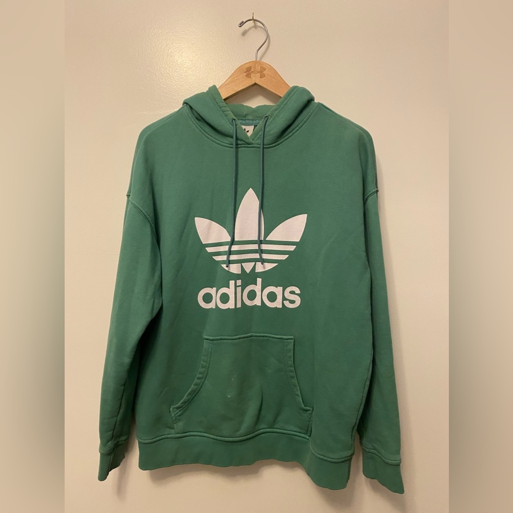 Adidas small green logo hoodie sweatshirt.